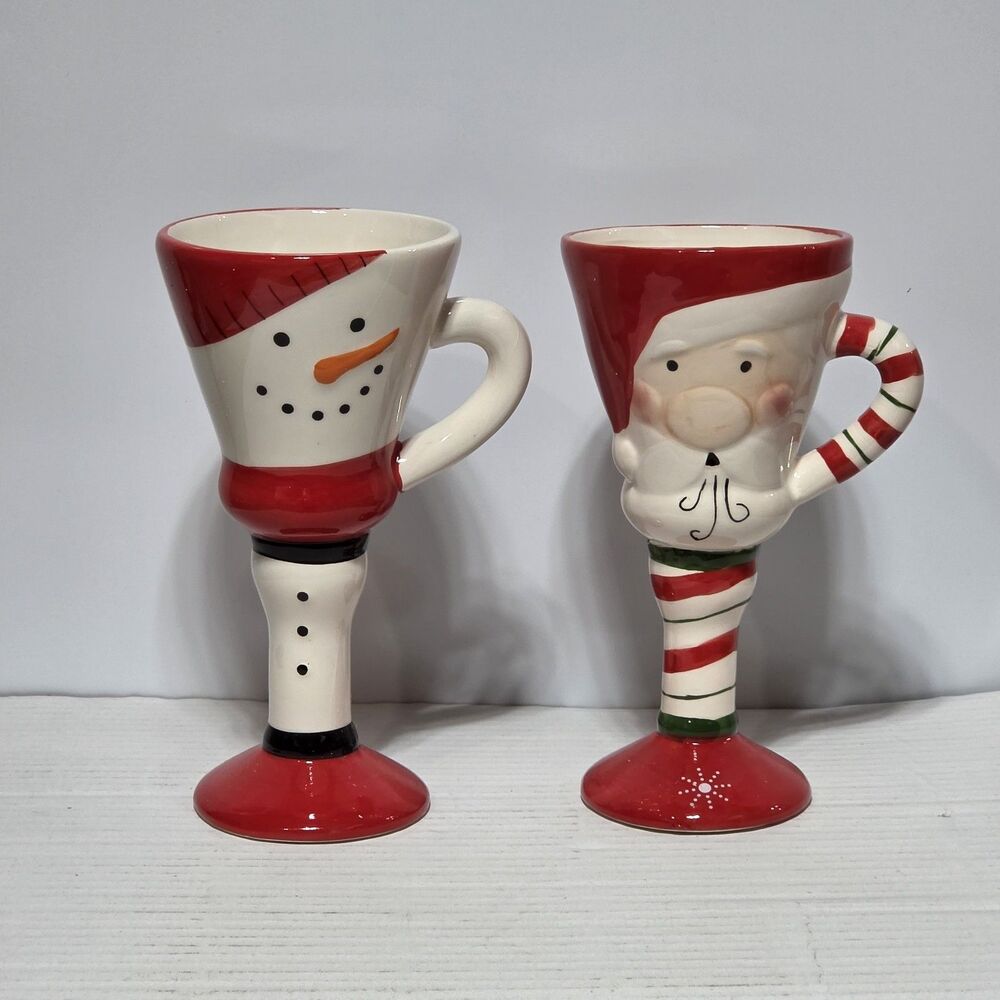 Set of 2 Santa Claus / Snowman Pedestal Mug / Hot Chocolate / Coffee / Wine 8oz